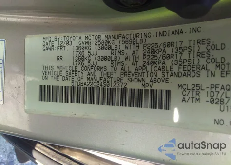 2004 Toyota Sienna Xle Limited из США, поврежденный, VIN 5TDBA22C24S012372